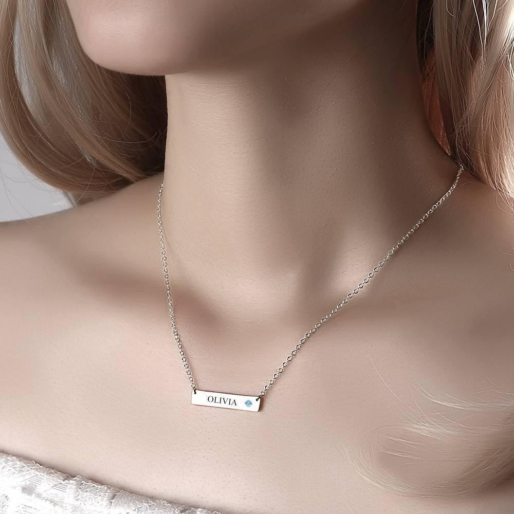 Personalized Birthstone Bar Necklace with Engraving Silver - soufeelus