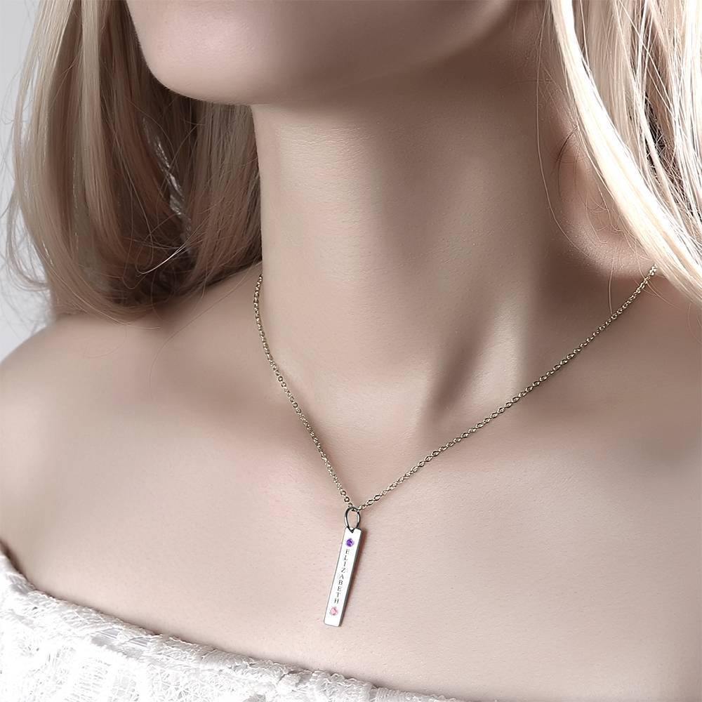 Personalized Birthstone Vertical Bar Necklace with Engraving Silver - soufeelus