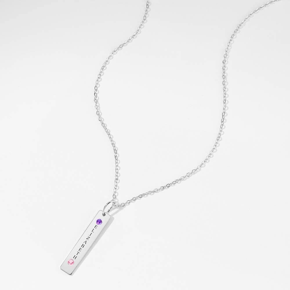 Personalized Birthstone Vertical Bar Necklace with Engraving Silver - soufeelus