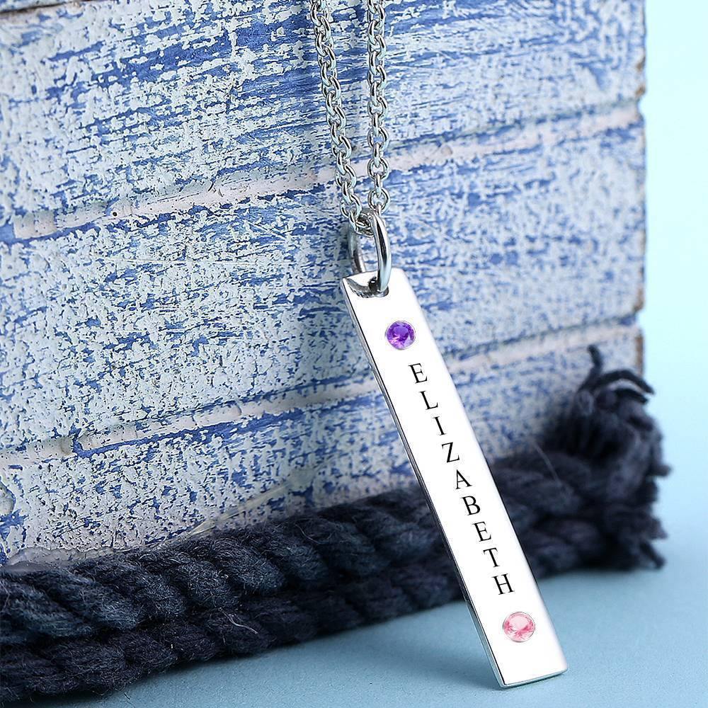 Personalized Birthstone Vertical Bar Necklace with Engraving Silver - soufeelus