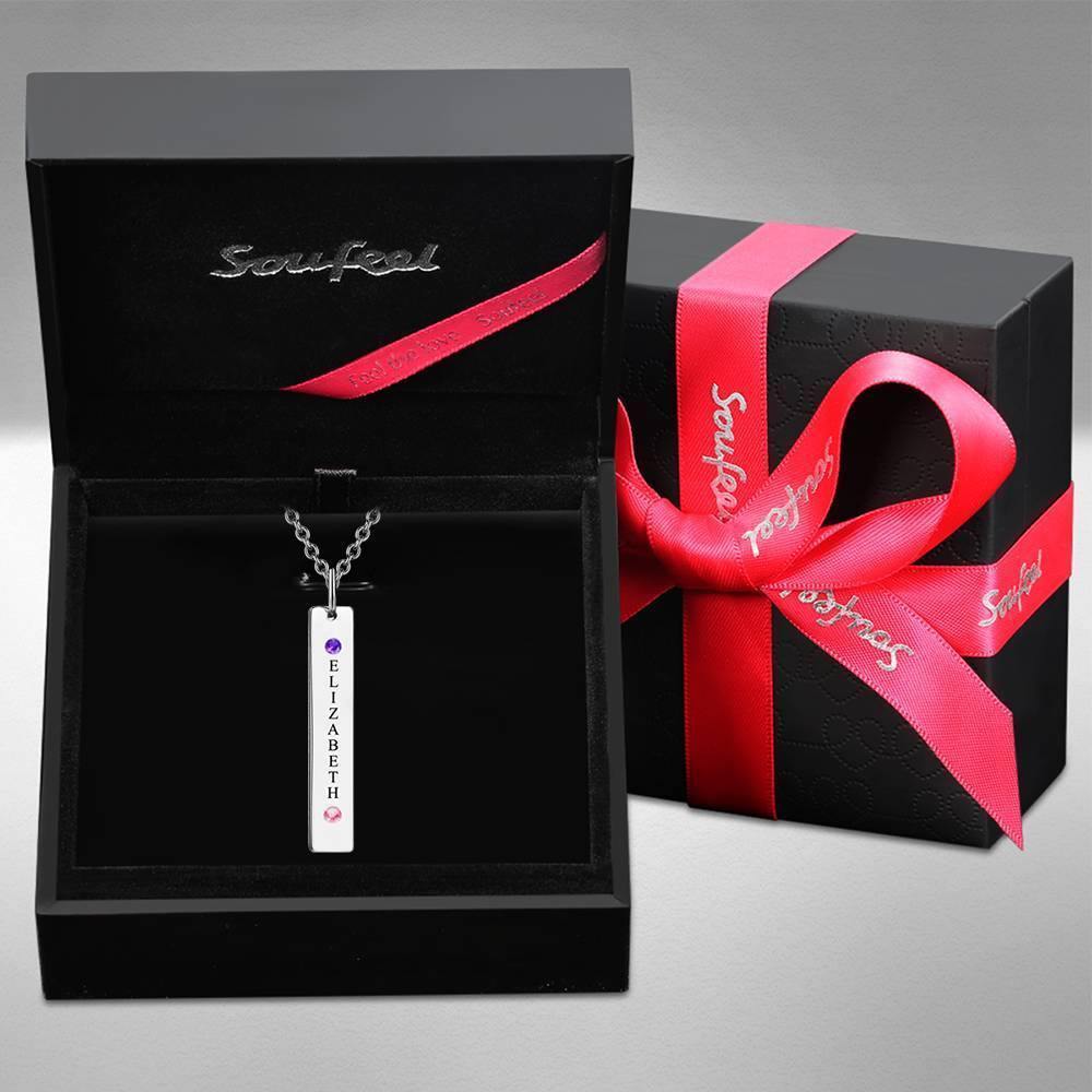 Personalized Birthstone Vertical Bar Necklace with Engraving Silver - soufeelus