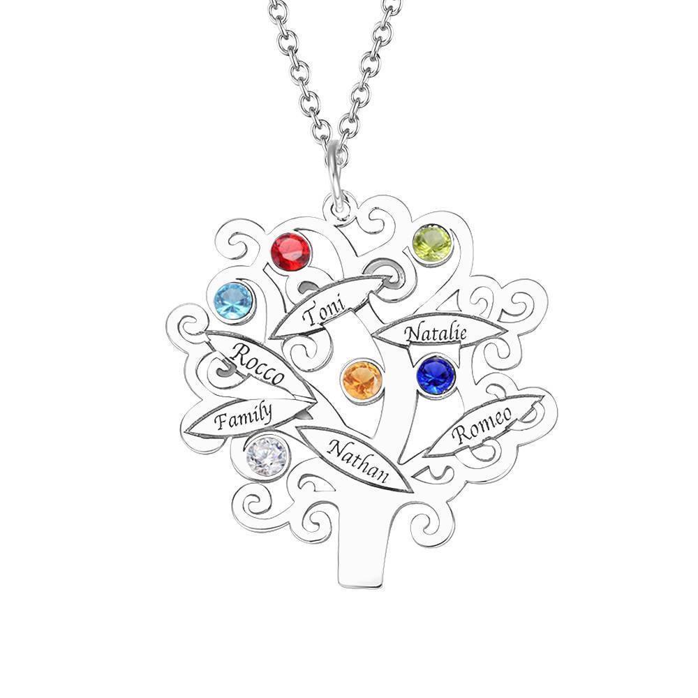 Family Tree Necklace, Engraved Necklace with Six Birthstones Rose Gold Plated - soufeelus