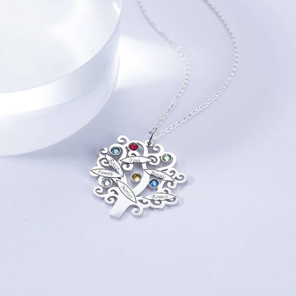 Family Tree Necklace, Engraved Necklace with Six Birthstones Silver - soufeelus