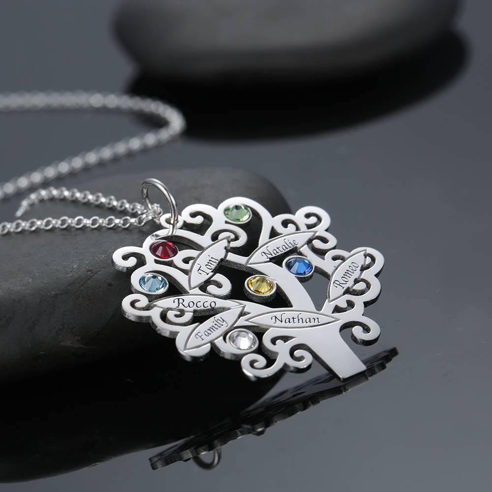 Family Tree Necklace, Engraved Necklace with Six Birthstones Silver - soufeelus