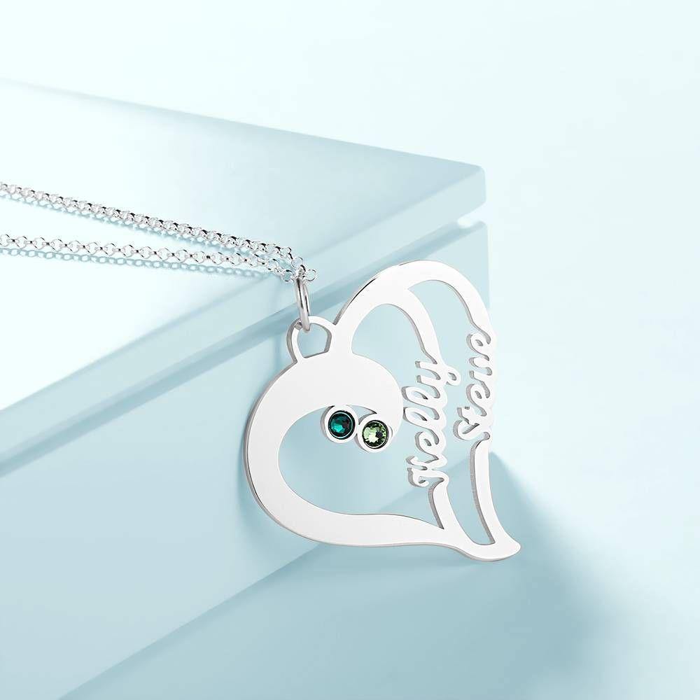 Name Necklace with Birthstone, Heart Necklace Silver - soufeelus