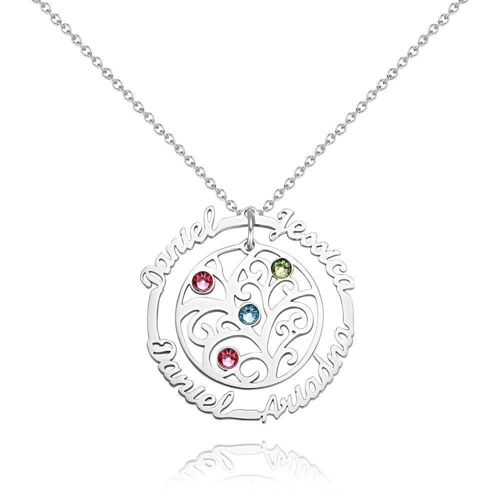 Custom Name Necklace with Birthstones, Family Tree Necklace Silver - soufeelus