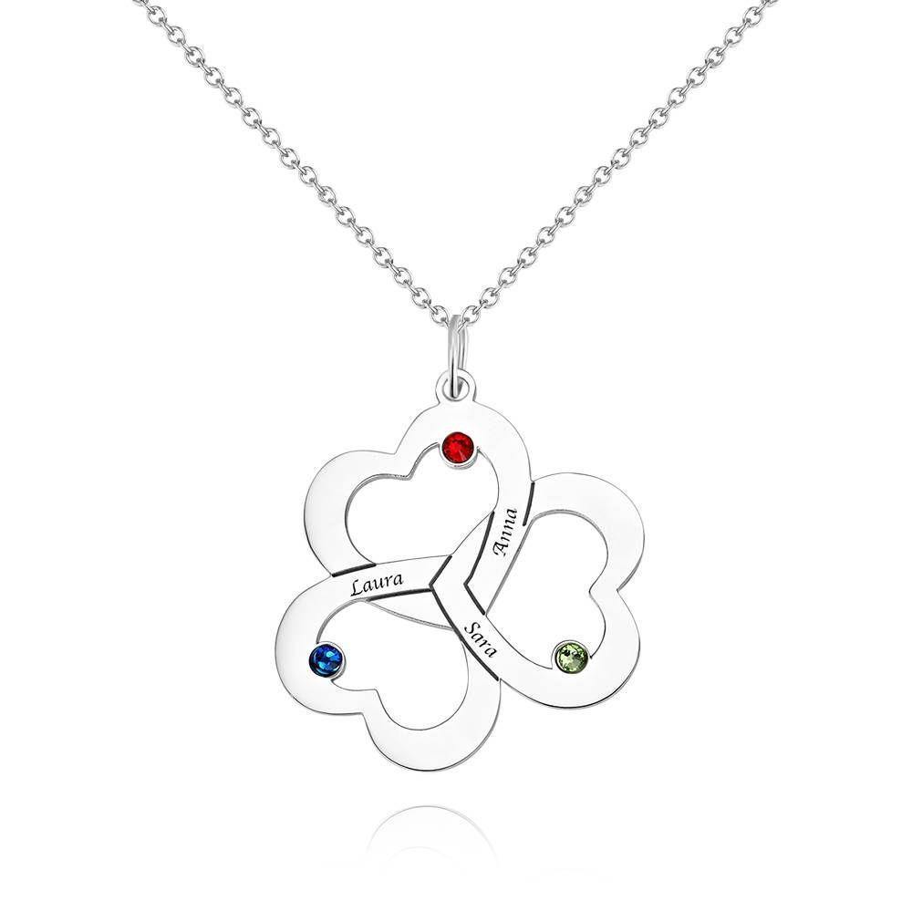 Custom Birthstone Necklace with Engraving, Three Heart Necklace Silver - soufeelus