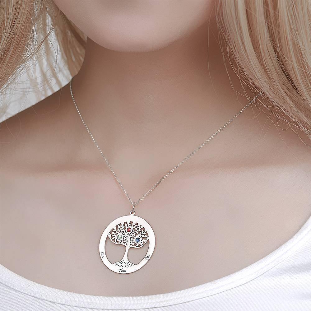 Family Tree Necklace with Birthstone, Engraved Necklace Family Gift Silver - soufeelus