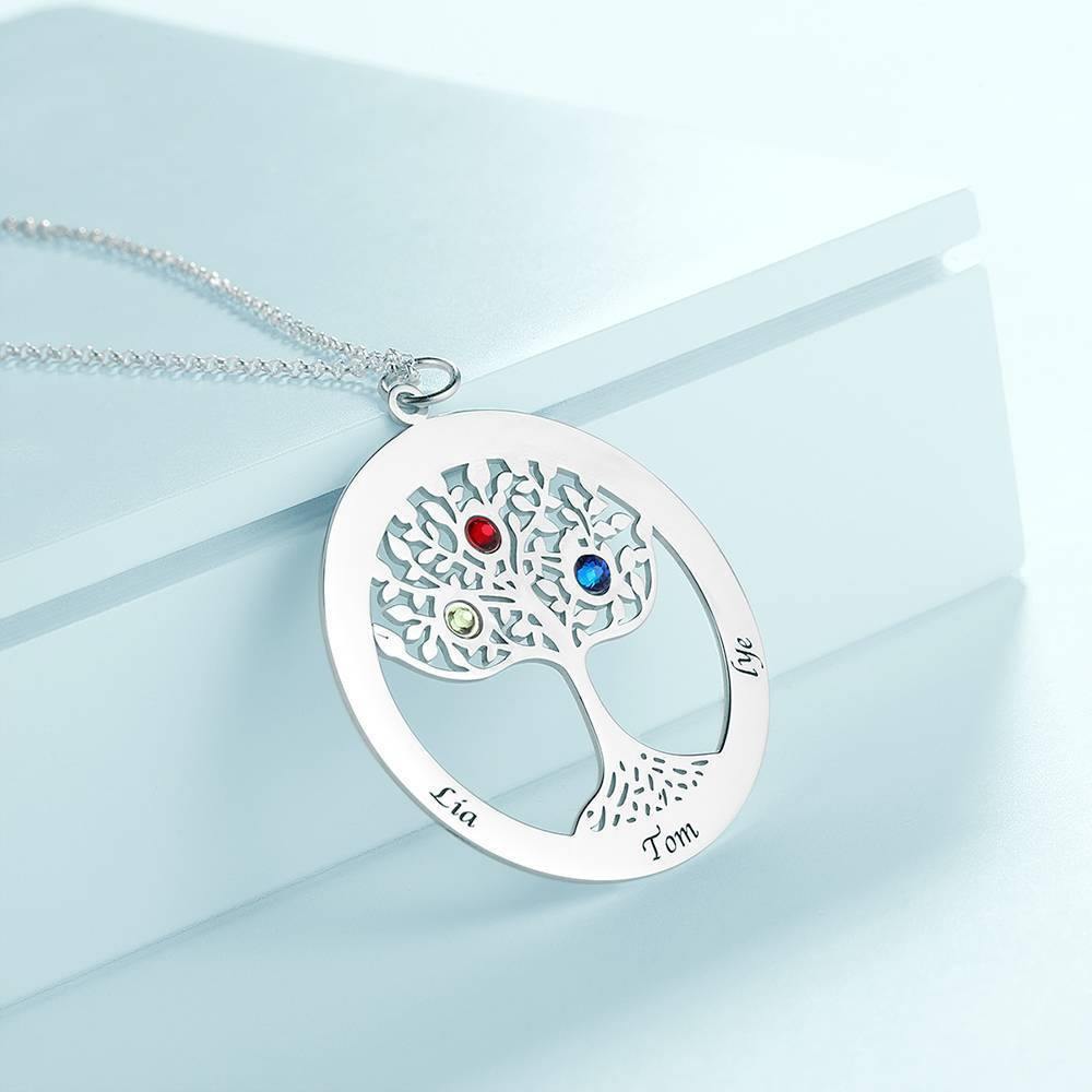 Family Tree Necklace with Birthstone, Engraved Necklace Family Gift Silver - soufeelus