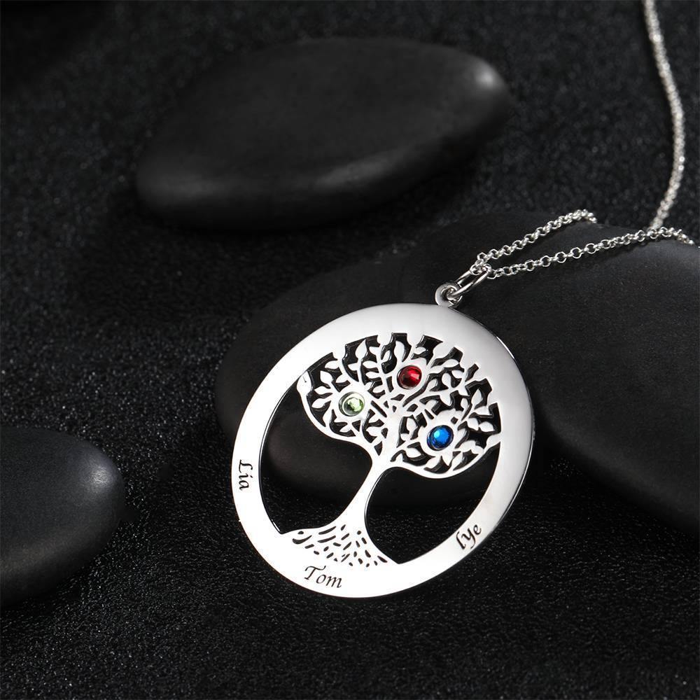 Family Tree Necklace with Birthstone, Engraved Necklace Family Gift Silver - soufeelus