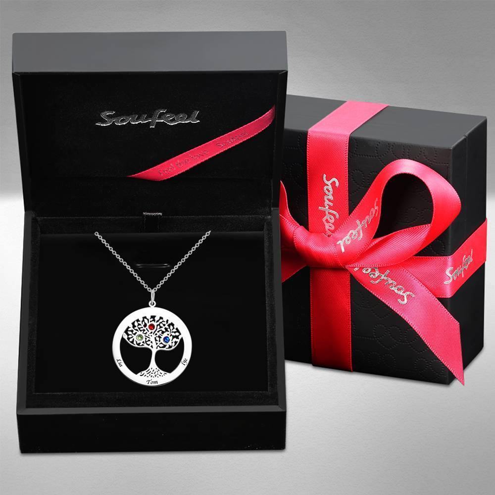 Family Tree Necklace with Birthstone, Engraved Necklace Family Gift Silver - soufeelus