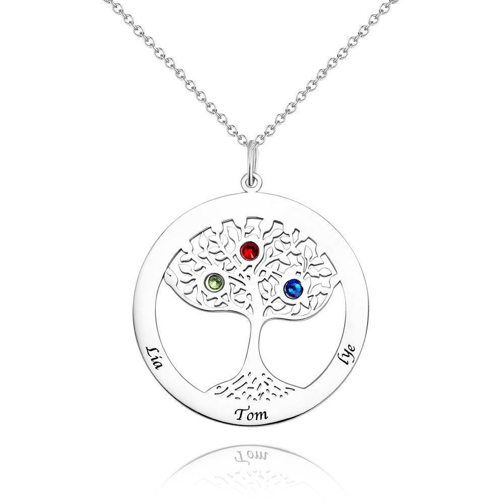 Family Tree Necklace with Birthstone, Engraved Necklace Family Gift Silver - soufeelus