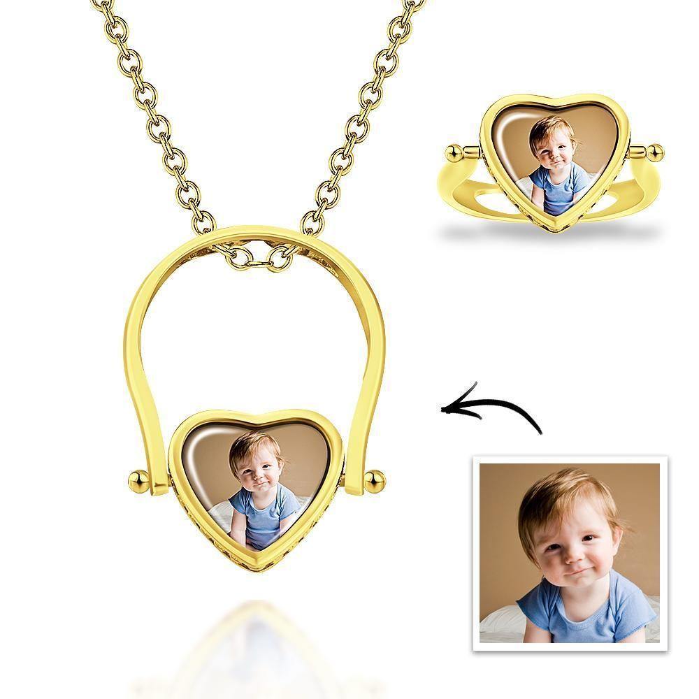 Custom Photo Necklace, Photo Ring Couple's Gifts Dual-use (Ring Size 5#) 14k Gold Plated - soufeelus
