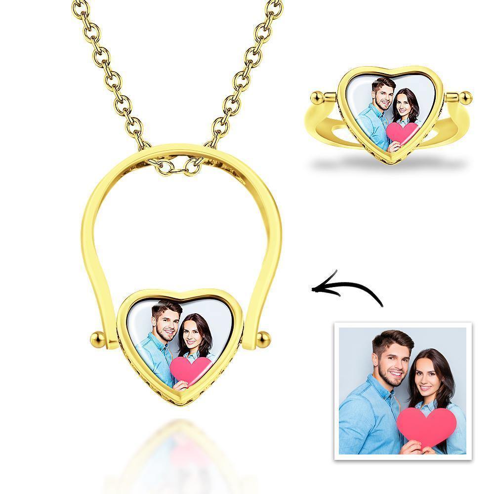 Photo Necklace, Photo Ring Unique Design Dual-use (Ring Size 7#) 14k Gold Plated Silver - soufeelus