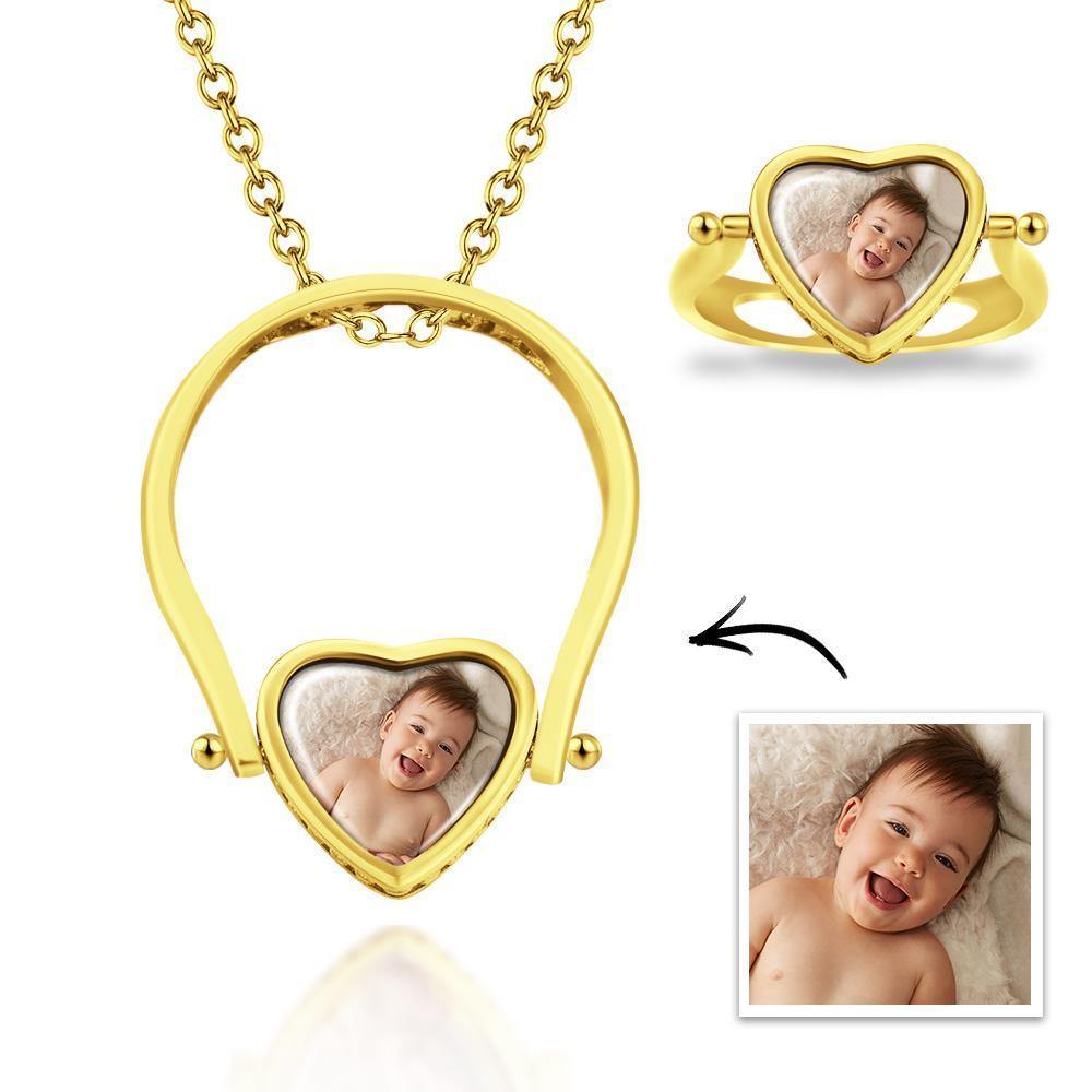 Photo Necklace, Photo Ring Couple's Gifts Dual-use (Ring Size 8#) Rose Gold Plated - soufeelus