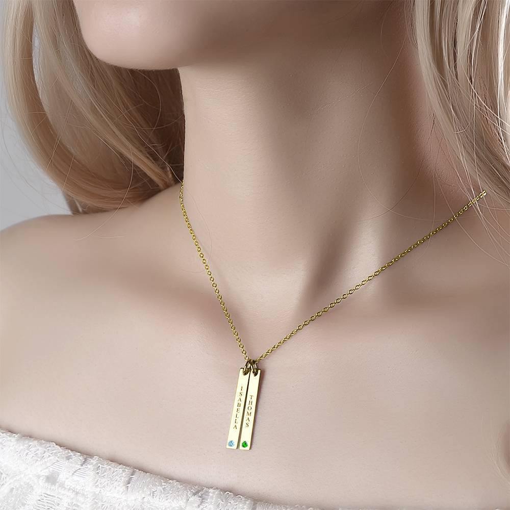 Personalized Birthstone Vertical Two Bar Necklace with Engraving 14k Gold Plated Silver - soufeelus