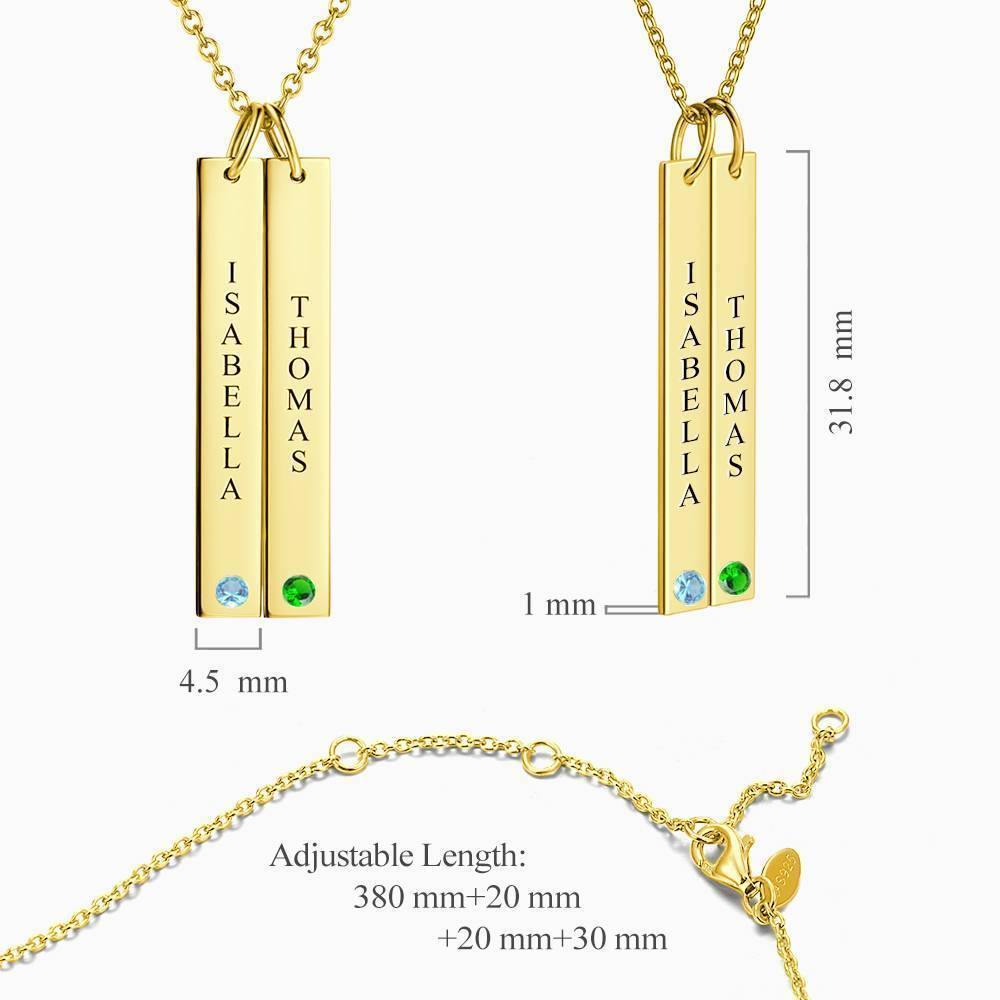 Personalized Birthstone Vertical Two Bar Necklace with Engraving 14k Gold Plated Silver - soufeelus