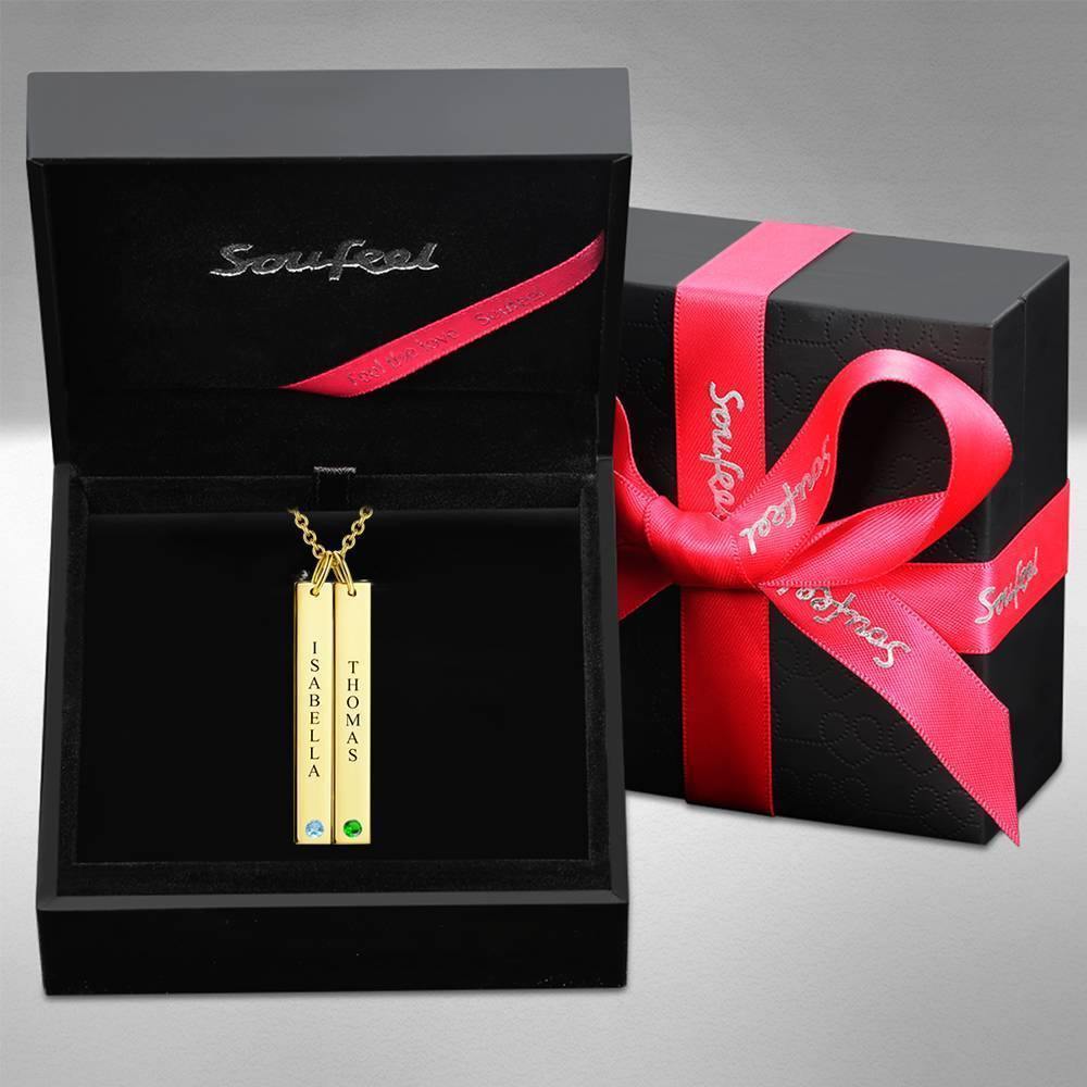 Personalized Birthstone Vertical Two Bar Necklace with Engraving 14k Gold Plated Silver - soufeelus