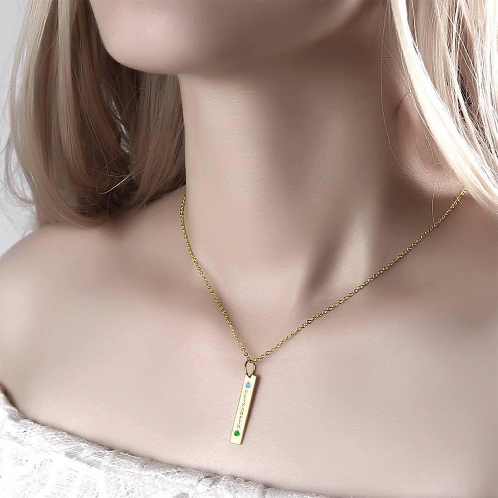 Personalized Birthstone Vertical Bar Necklace with Engraving 14k Gold Plated Silver - soufeelus