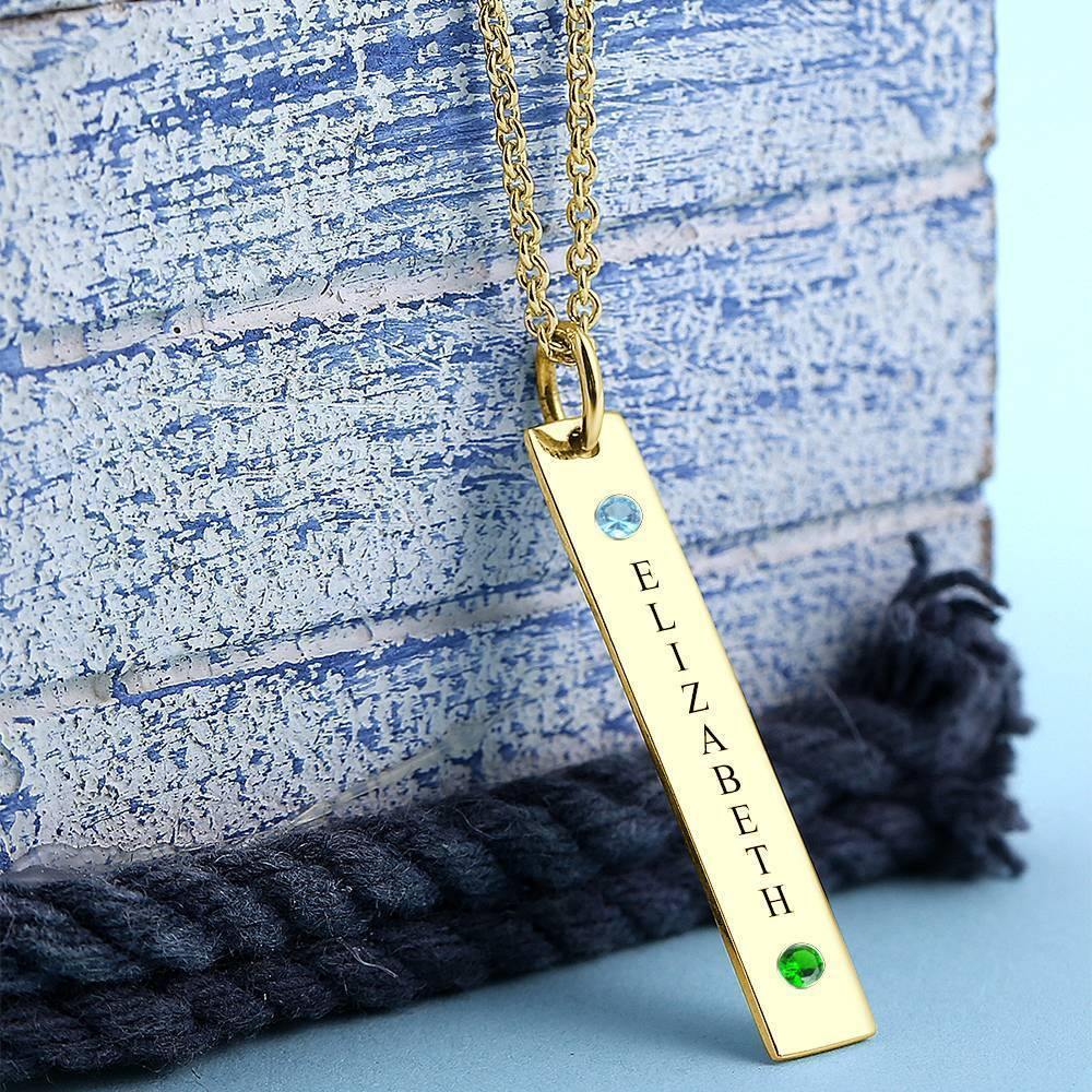 Personalized Birthstone Vertical Bar Necklace with Engraving 14k Gold Plated Silver - soufeelus