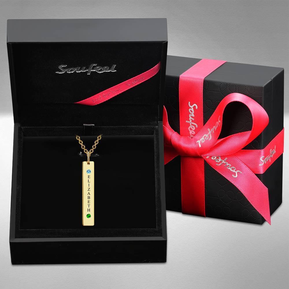 Personalized Birthstone Vertical Bar Necklace with Engraving 14k Gold Plated Silver - soufeelus