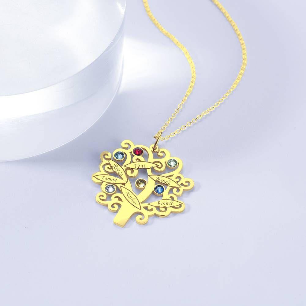 Family Tree Necklace, Engraved Necklace with Six Birthstones 14K Gold Plated - soufeelus