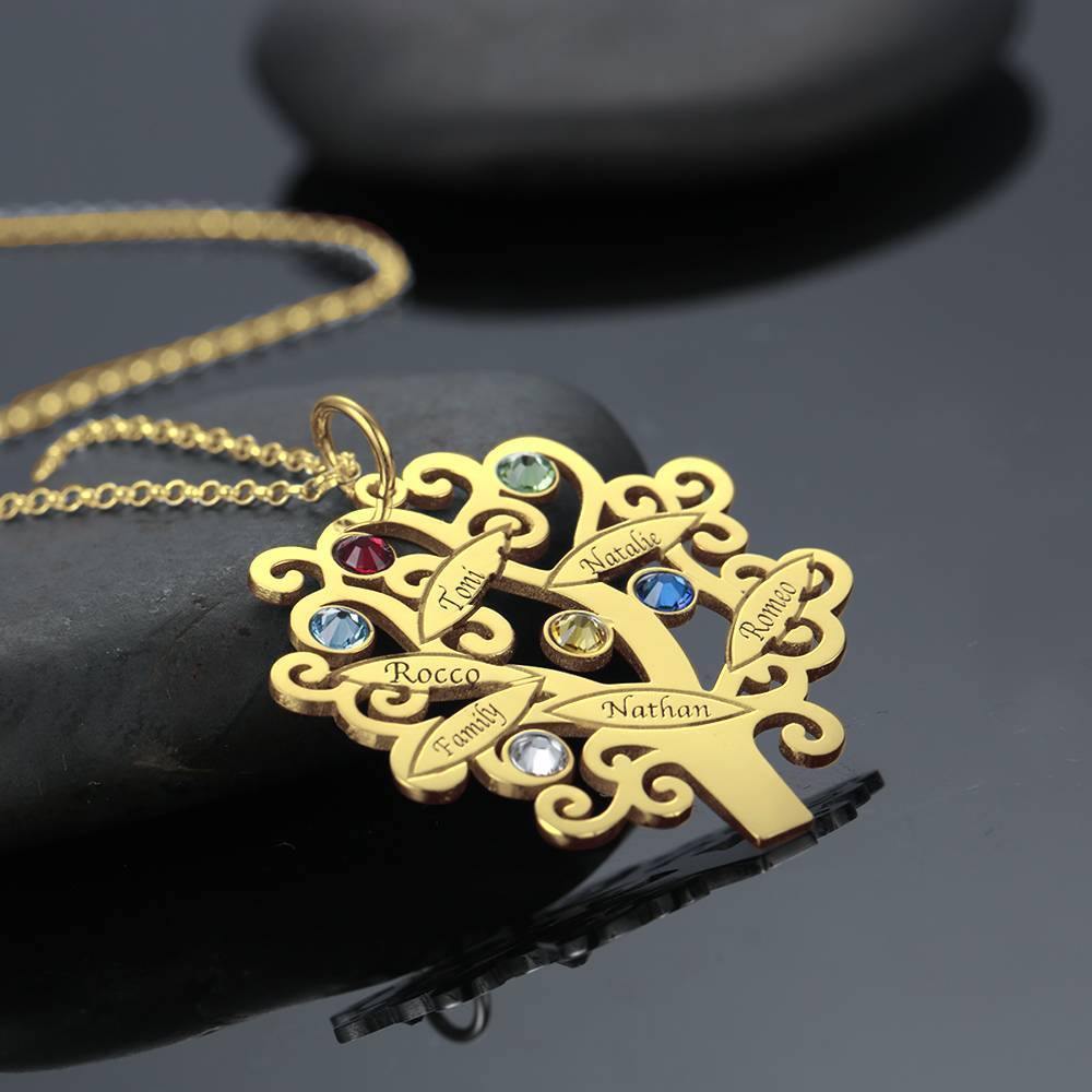 Family Tree Necklace, Engraved Necklace with Six Birthstones 14K Gold Plated - soufeelus