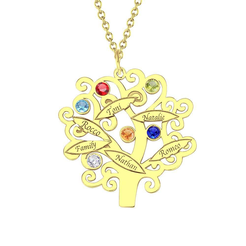 Family Tree Necklace, Engraved Necklace with Six Birthstones 14K Gold Plated - soufeelus