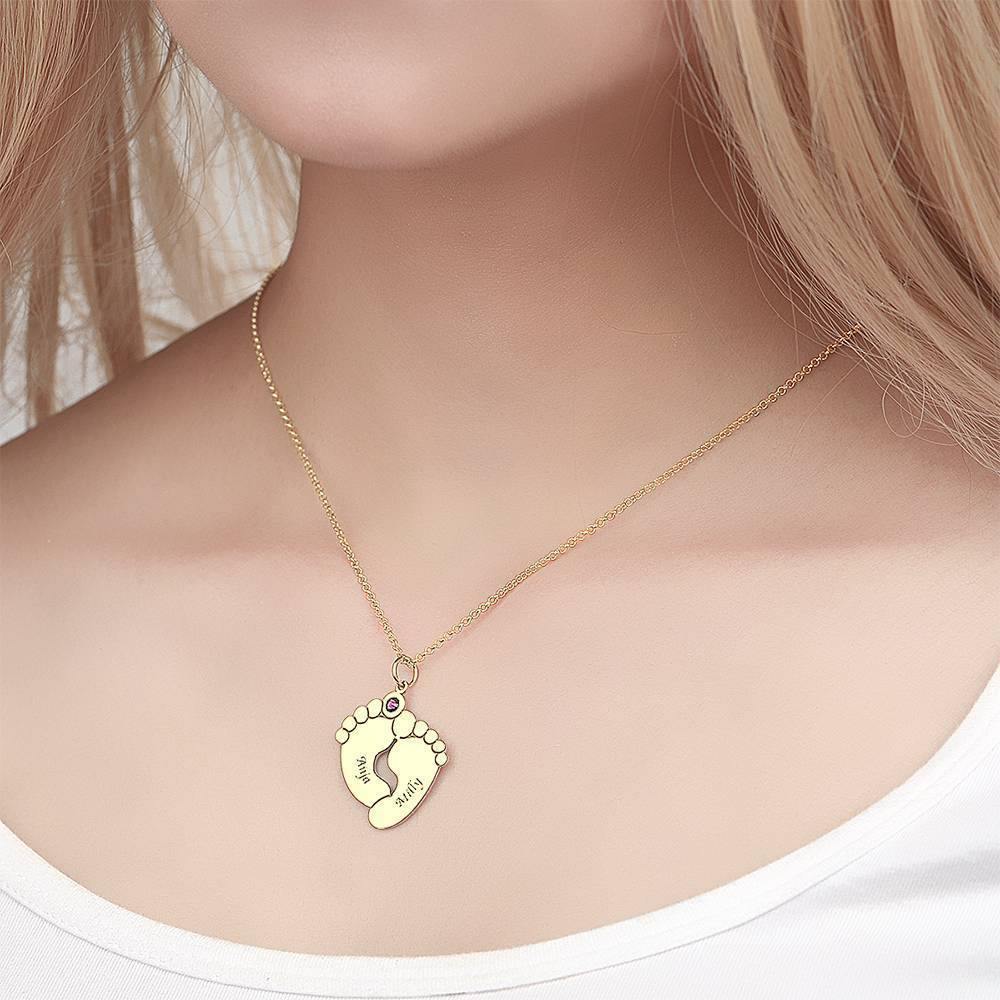 Custom Birthstone Necklace with Engraving, Cute Feet Name Necklace 14K Gold Plated - Silver - soufeelus