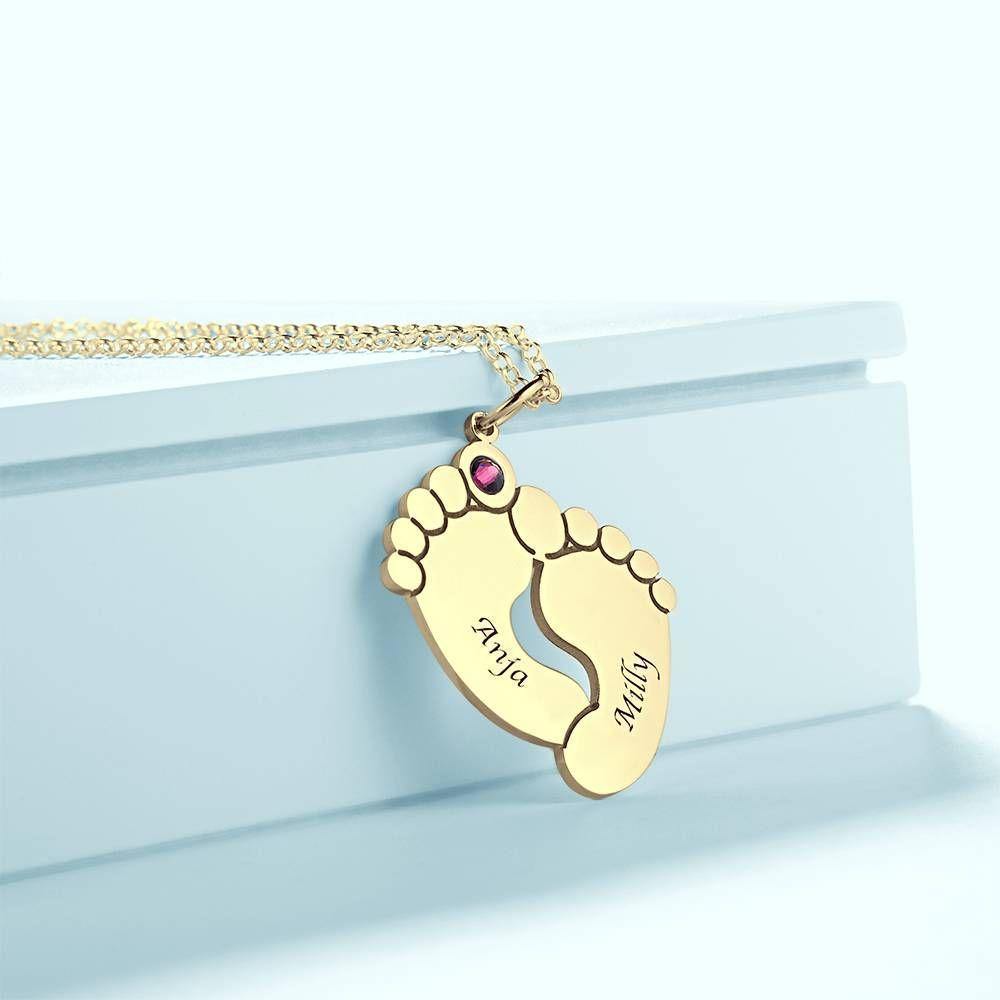 Custom Birthstone Necklace with Engraving, Cute Feet Name Necklace 14K Gold Plated - Silver - soufeelus