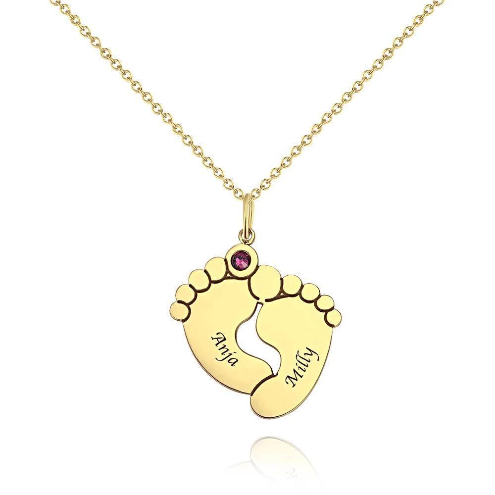 Custom Birthstone Necklace with Engraving, Cute Feet Name Necklace 14K Gold Plated - Silver - soufeelus