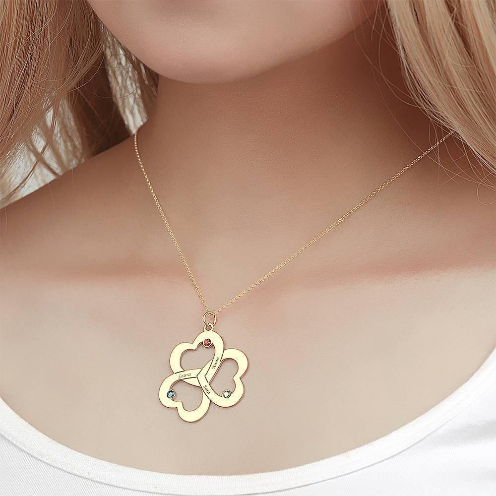 Custom Birthstone Necklace with Engraving, Three Heart Necklace 14K Gold Plated - Silver - soufeelus