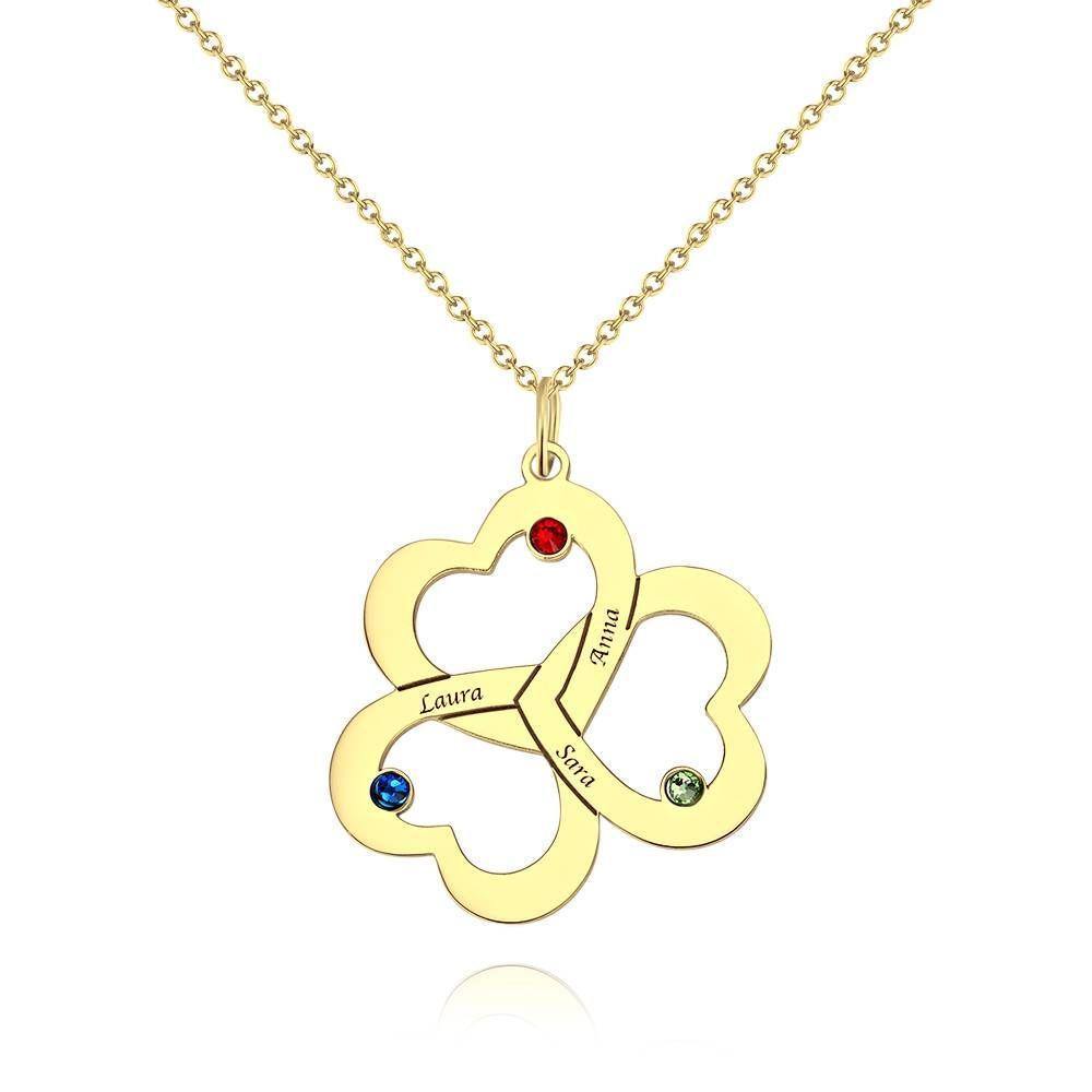 Custom Birthstone Necklace with Engraving, Three Heart Necklace 14K Gold Plated - Silver - soufeelus