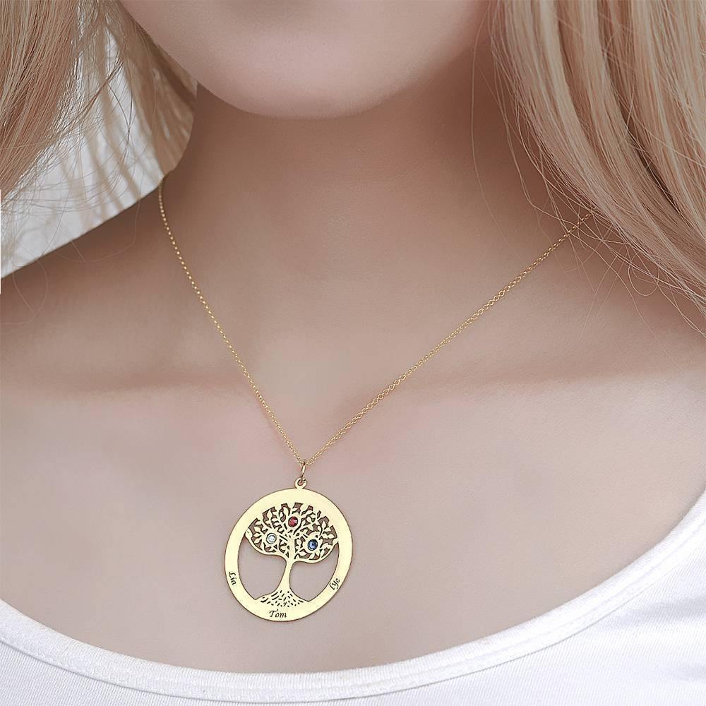 Family Tree Necklace with Birthstone, Engraved Necklace Family Gift 14K Gold Plated - Silver - soufeelus