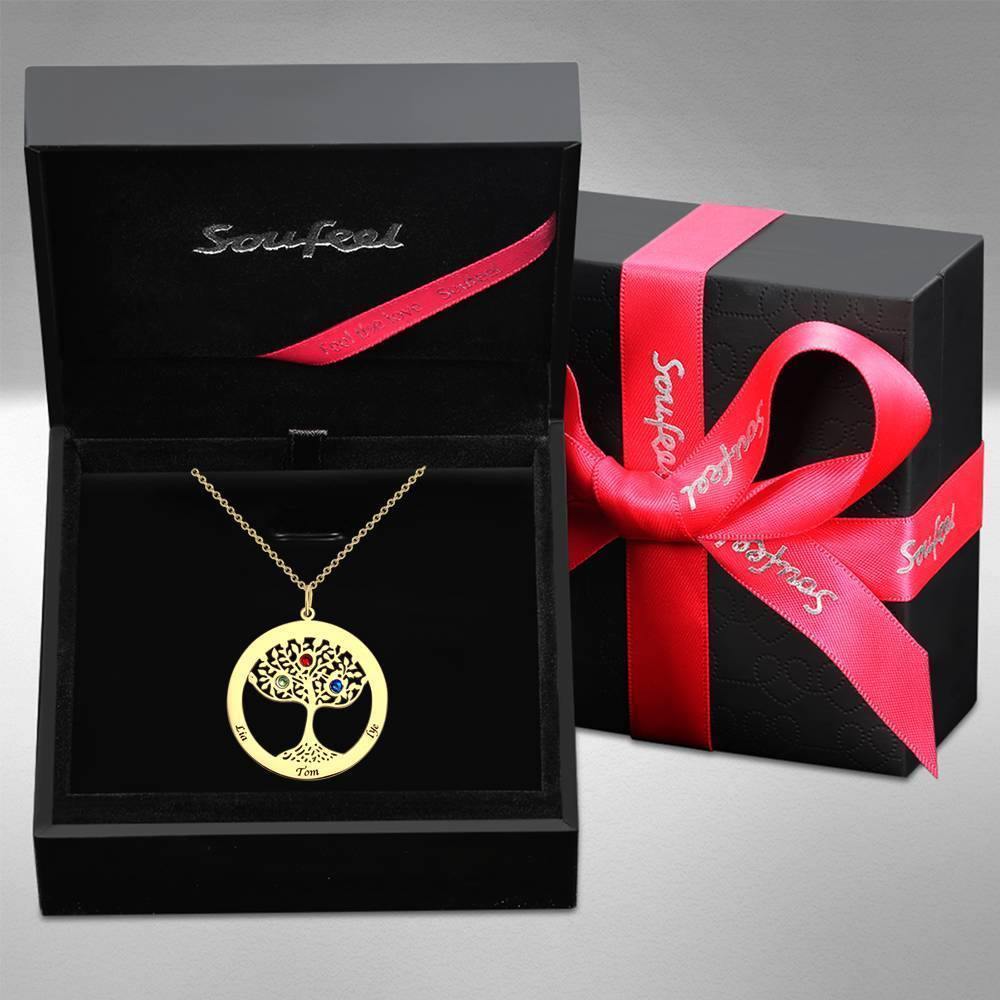 Family Tree Necklace with Birthstone, Engraved Necklace Family Gift 14K Gold Plated - Silver - soufeelus