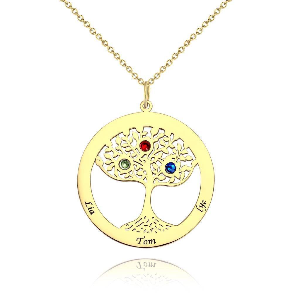 Family Tree Necklace with Birthstone, Engraved Necklace Family Gift 14K Gold Plated - Silver - soufeelus