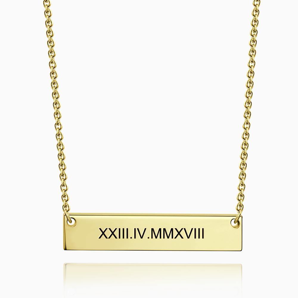 Engraved Roman Numeral Bar Necklace 14K Gold Plated Silver - soufeelus