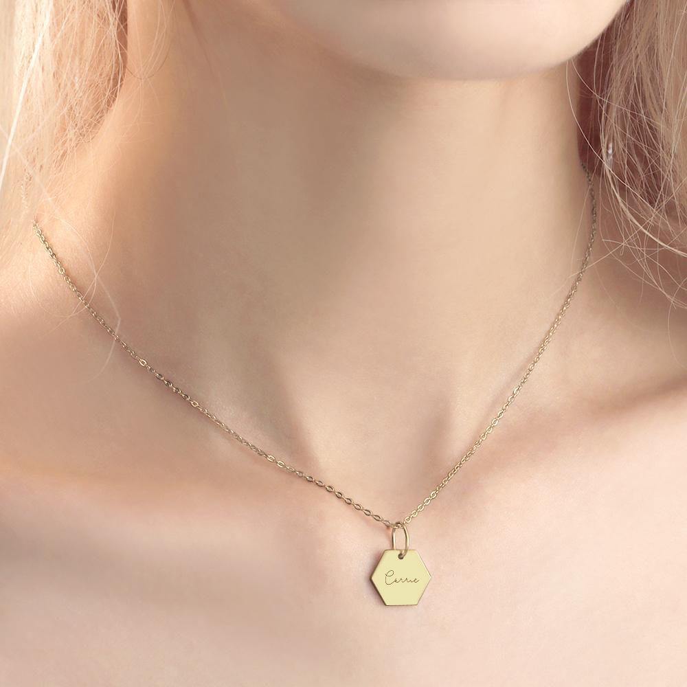 Custom Engraved Hexagon Necklace Tag Necklace 14k Gold Plated - soufeelus