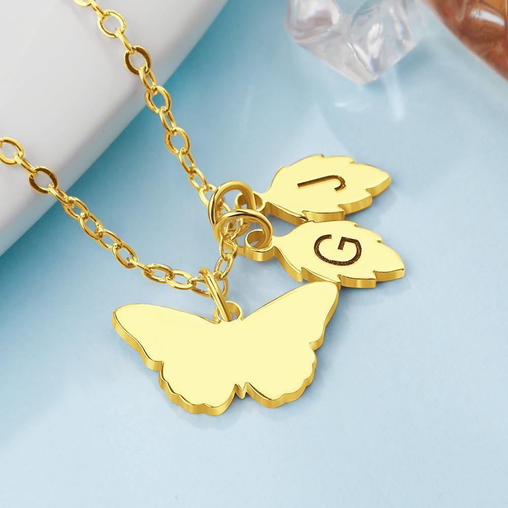 Name Necklace with Butterfly and Leaves Necklace 14k Gold Plated Silver - soufeelus