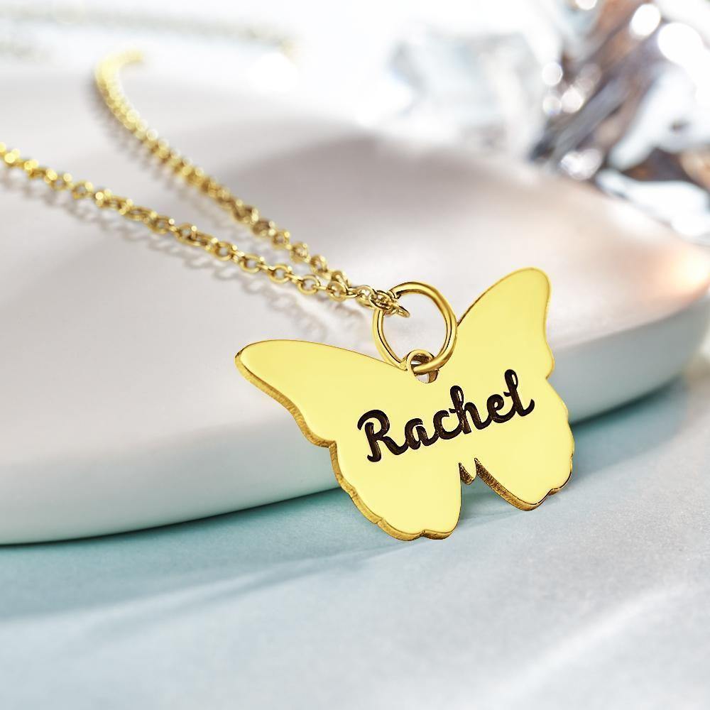 Name Necklace Butterfly Engraved Necklace Memorial Gift for Her 14k Gold Plated Silver - soufeelus