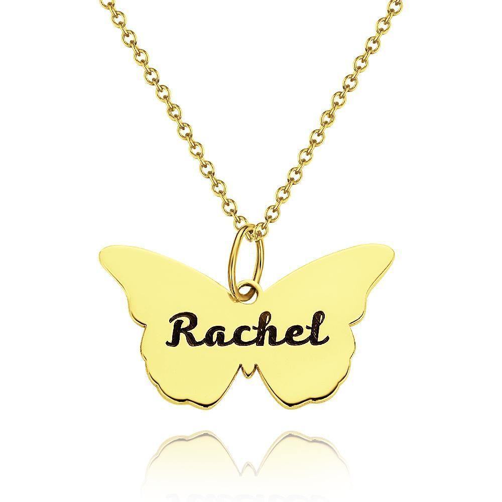 Name Necklace Butterfly Engraved Necklace Memorial Gift for Her 14k Gold Plated Silver - soufeelus