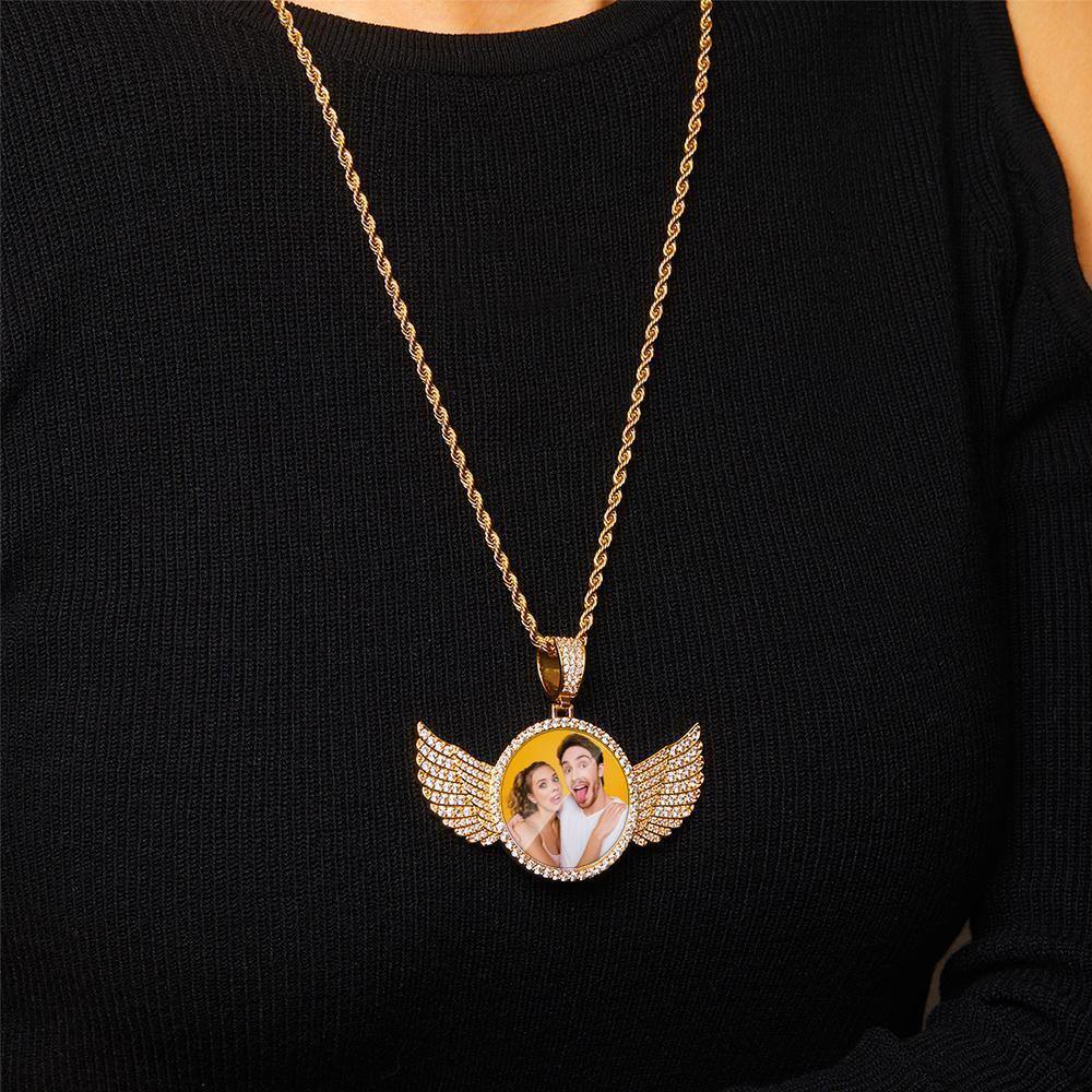Custom Photo Necklace with Wings Medallions Necklace Iced Out Large Custom Picture Pendant Golden