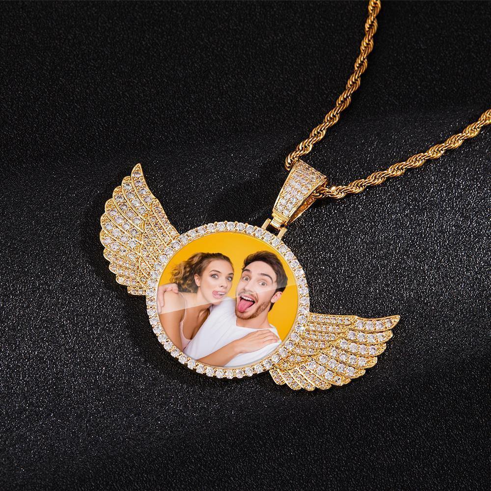 Custom Photo Necklace with Wings Medallions Necklace Iced Out Large Custom Picture Pendant Golden