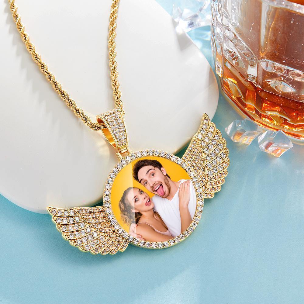 Custom Photo Necklace with Wings Medallions Necklace Iced Out Large Custom Picture Pendant Golden