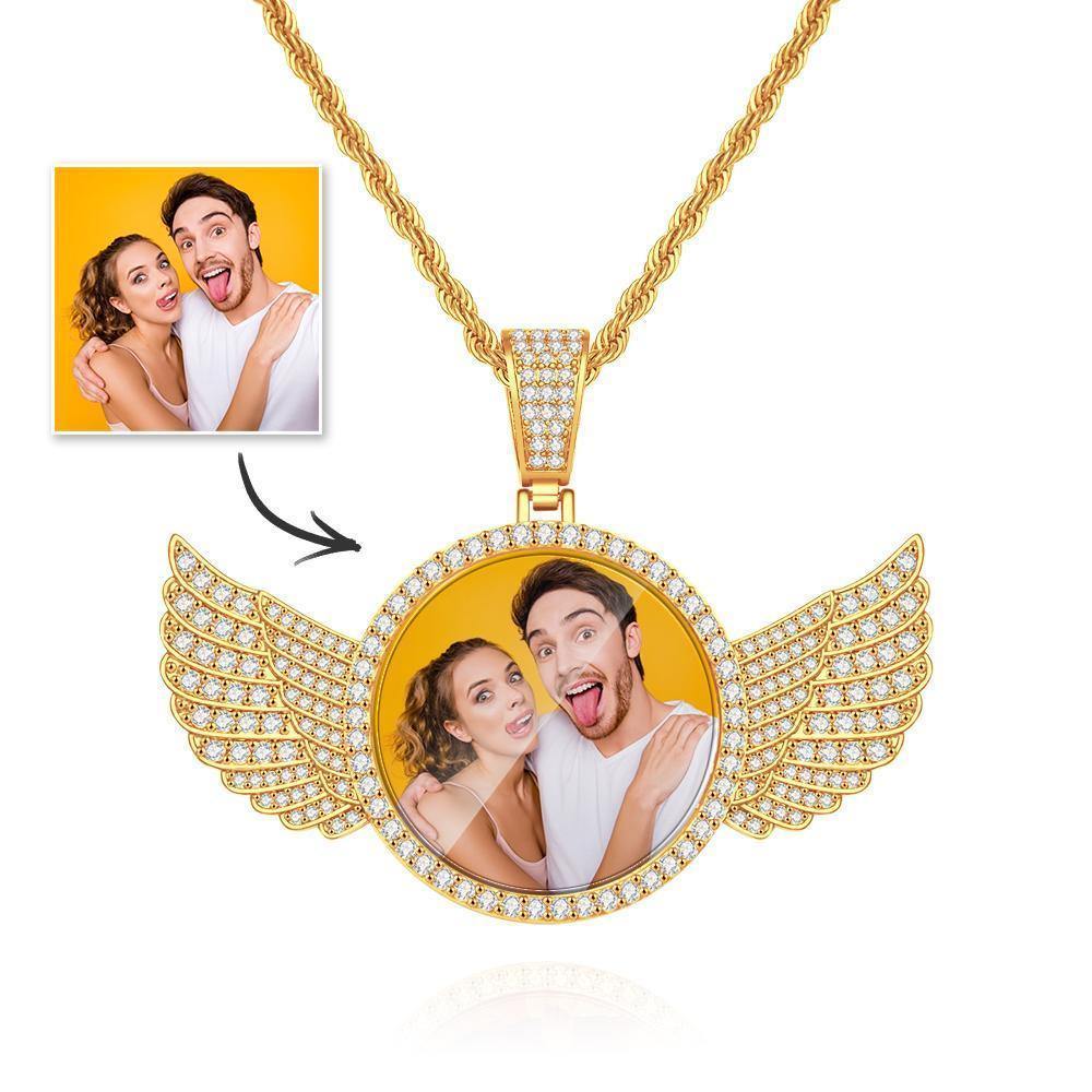 Custom Photo Necklace with Wings Medallions Necklace Iced Out Large Custom Picture Pendant Golden