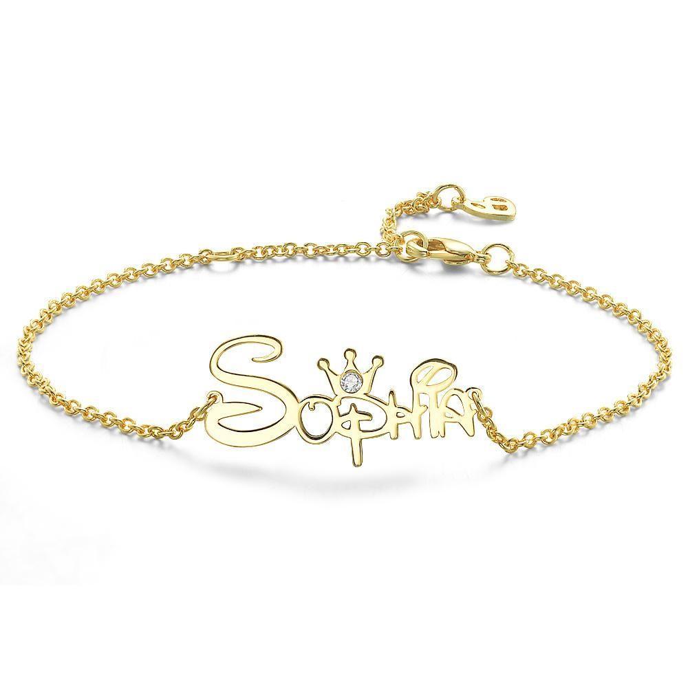 Name Bracelet, Custom Name Bracelet with Crown 14k Gold Plated