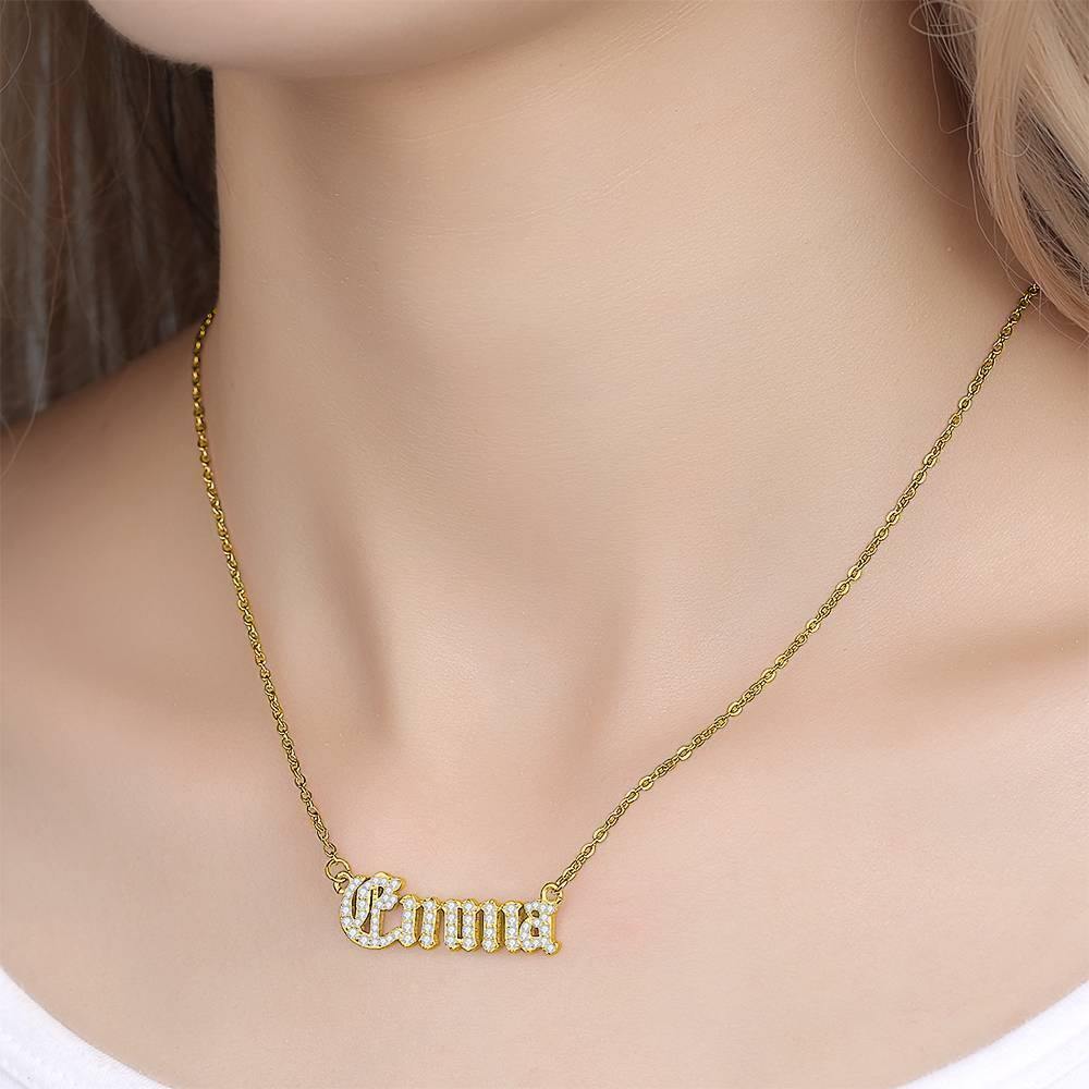 Old English Crystal Name Necklace, Silver 14K Gold Plated - Golden - soufeelus