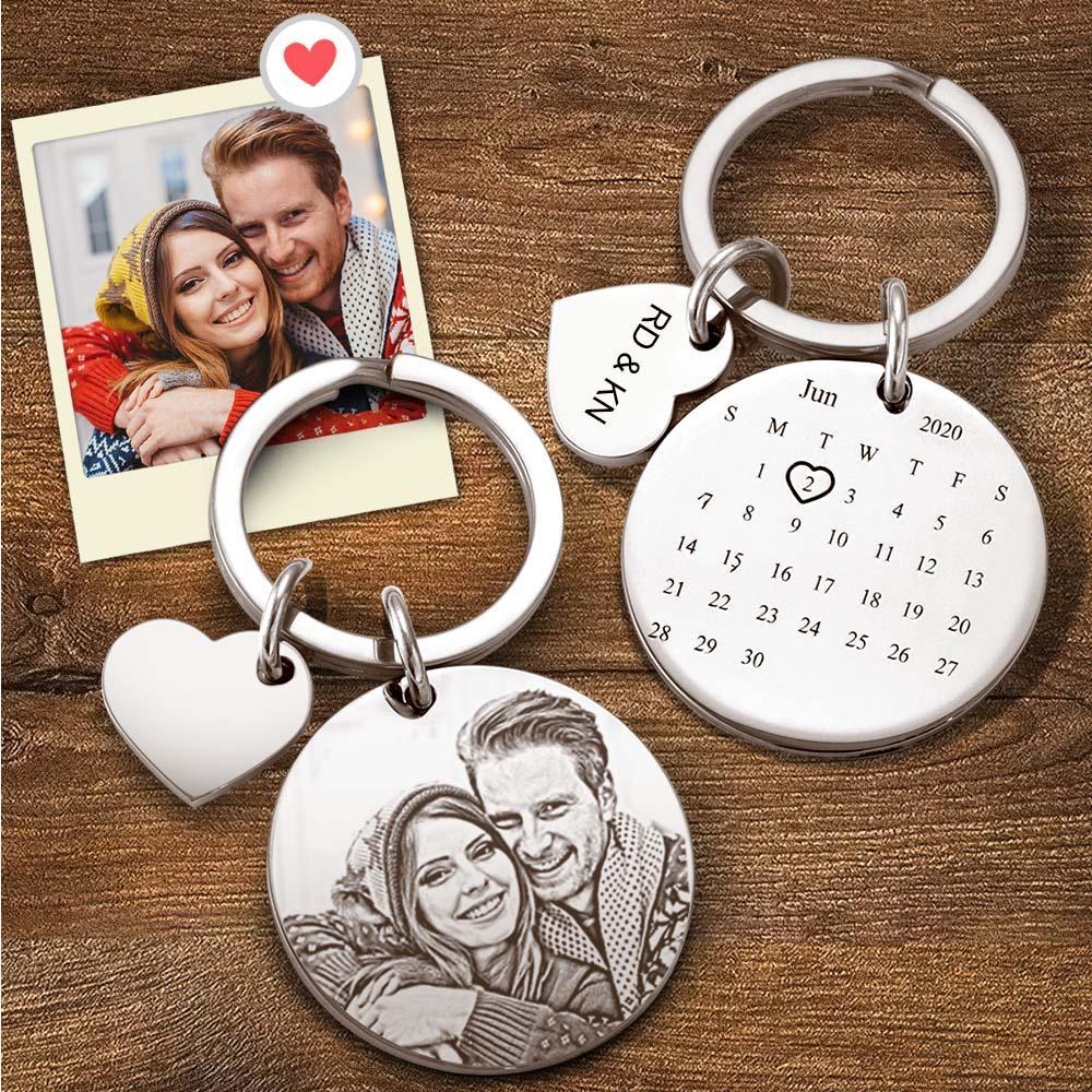 Custom Photo Engraved Keychain Date Save Keychain Significant Date Marker Christmas Gifts for Him - soufeelus