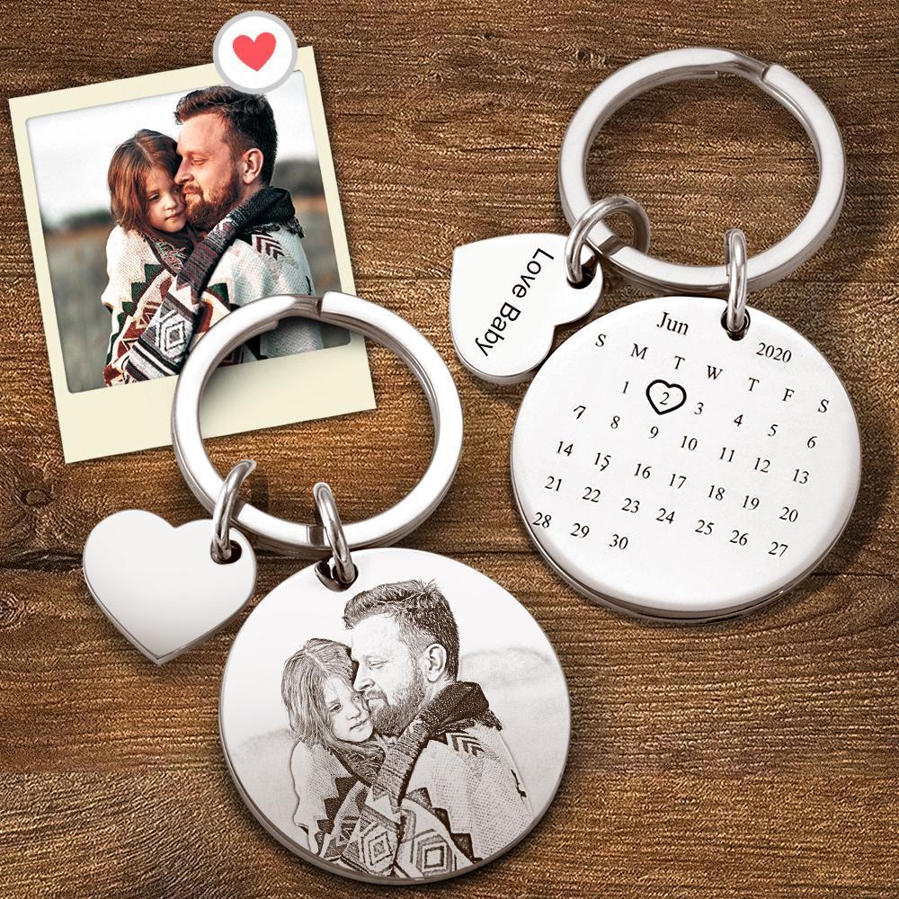 Custom Photo Engraved Keychain Date Save Keychain Significant Date Marker with Little Heart
