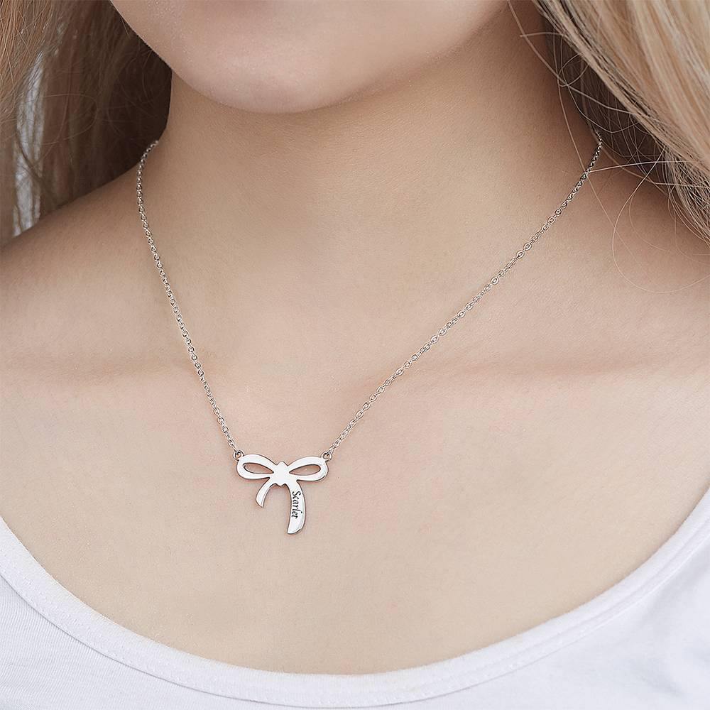 Engraved Necklace with Bow Design Platinum Plated - soufeelus